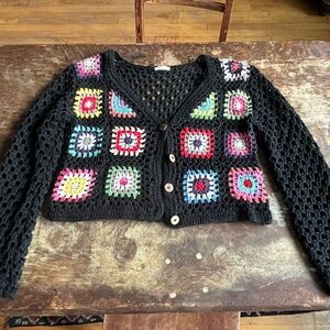 Debut Black Crochet Cardigan with Multicolor Squares